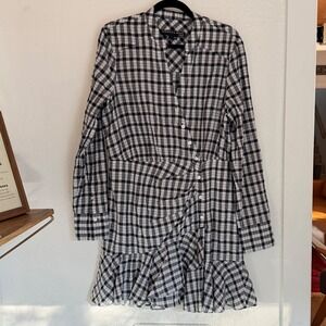 VERONICA BEARD Jeans Sherry Dress Blue White Gingham Ruffle Women's Size Large